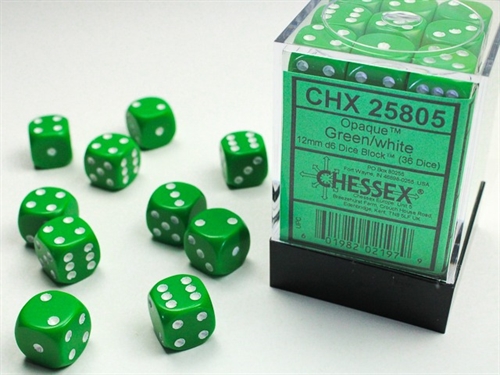 Opaque Green and White 12mm d6 Dice block (36 Dice) - Roleplaying dice - Chessex